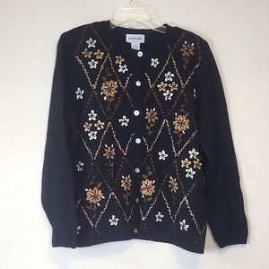 Vtg ALFRED DUNNER Black Brown White Embroidered Velvet Ribbon Gloral Cardigan